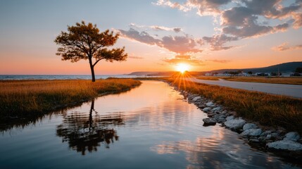 Fototapeta premium A breathtaking sunset casts a warm glow over a calm river and solitary tree, exemplifying tranquility, beauty, and the peacefulness of nature in a serene outdoor landscape.