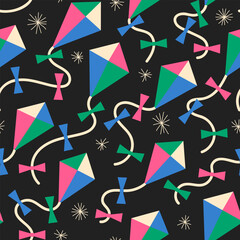 Kite seamless pattern. Flat bright cute flying kites with bow tails. Happy cheerful summer print for fabric, scrapbook paper.