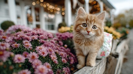 A charming orange kitten curiously exploring a vibrant garden filled with blooming flowers, evoking joy, innocence, and the playful spirit of nature and its beauty.