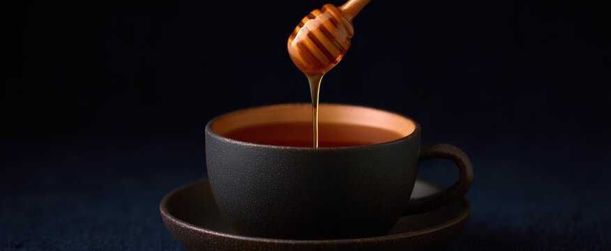 The honey dances like golden rain into a warm cup of hot tea - Powered by Adobe