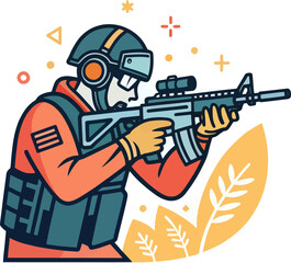 Obraz premium Airsoft player aiming airsoft rifle during outdoor shooting