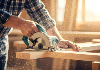 Close up of carpenter cutting wood plank with circular saw power tool | Flying sawdust particles backlit by warm sunlight in dusty workshop | Man performing home improvement and renovation woodworking