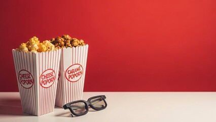 A classic movie night setup with two varieties of flavored popcorn and three-dimensional glasses on a red background