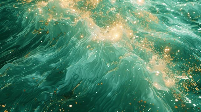 Abstract background of green and gold liquid waves. Luxurious fluid art with sparkling glitter. Modern emerald texture in motion