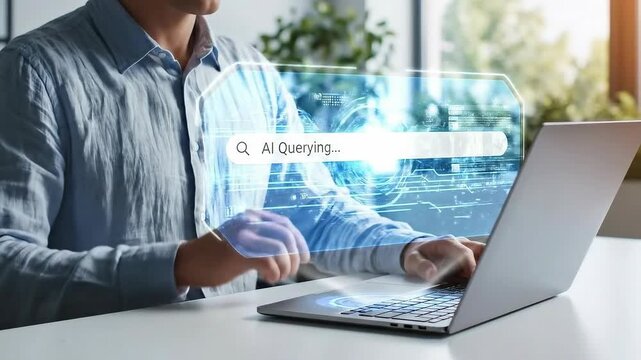 Man using laptop with search bar overlay, concept of online research.