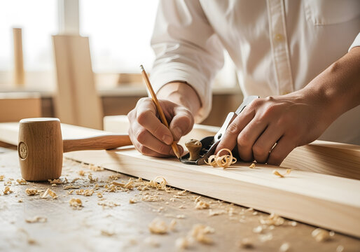 Closeup of carpenter hands planing wood and marking measurements | Traditional woodworking with hand tools and wooden plane shavings | Professional craftsman using block plane in bright workshop 