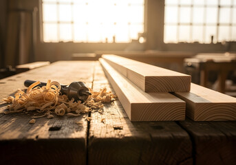 Carpenter workbench with fresh pine wood and shavings | Warm sunlight illuminating woodworking tools in workshop | Close-up view of raw timber and drill bit on rustic table | Professional carpentry
