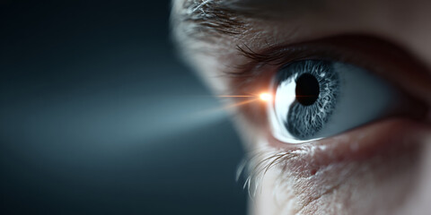 Close-up of a human eye with blue iris and light flare reflecting on the cornea in a dark background