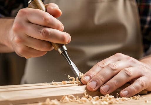 Close up of woodworker carving wooden plank with chisel | Professional carpenter shaping wood using hand tool technique | Detailed shot of hand carving fine wood shavings | Traditional woodworking 