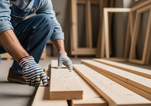 Carpenter inspecting raw lumber material for construction | Professional craftsman selecting wood planks in a dusty workshop | Close up of construction worker hands wearing gloves handling timber