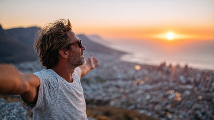 A serene scene of a man enjoying a sunset view over a cityscape, symbolizing the beauty of life and the appreciation for simple moments found in nature's transitions.