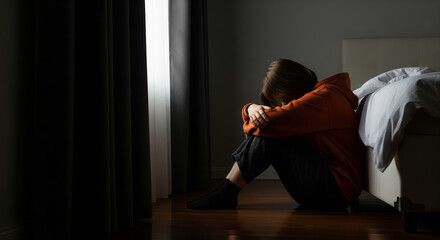 Woman sits on floor in dark bedroom suffering from emotional distress