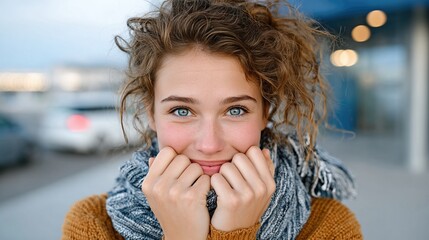 A cheerful young woman, wrapped in a cozy scarf, beams with joy in an outdoor setting, embodying happiness and a carefree spirit that invites viewers into her delightful moment.