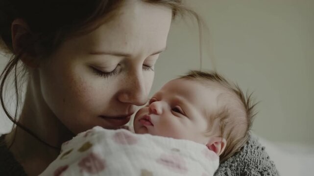 A tender moment between a mother and her newborn. Capturing the essence of love and connection in early motherhood. This footage radiates warmth and affection. Generative AI