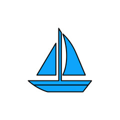 Illustration of a simple blue sailboat with black outline on transparent background