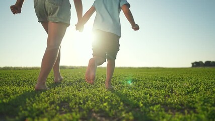 Children holding hands walking barefoot in summer. Boy and girl enjoy green grass in field. Dog follows children in summer field. Barefoot walking in nature. Grass under children feet holding hands.