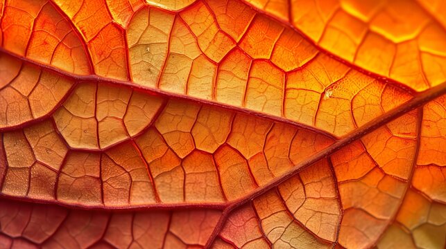An extreme close-up of a backlit autumn leaf showing its vibrant orange and red veins. Abstract natural texture and pattern for a background - Powered by Adobe