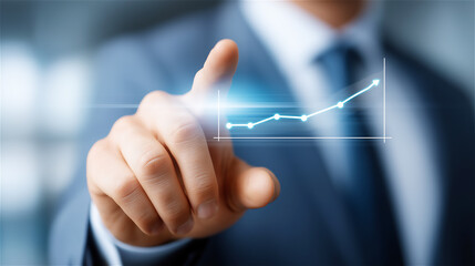 Businessman pointing at digital rising line graph, symbolizing innovation, analytics, growth strategy and modern technology in corporate environment.