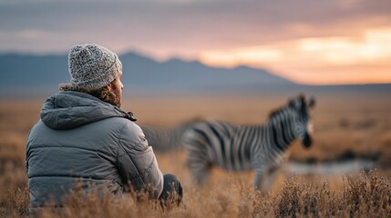Fototapeta premium A person sitting quietly in a scenic landscape, observing a zebra at sunset, symbolizing the beauty of nature and wildlife experiences.