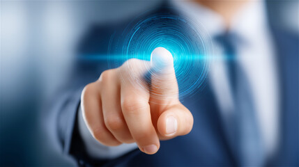 Hand of business professional touching virtual interface with glowing circle, representing innovation, leadership, decision-making and futuristic digital interaction.
