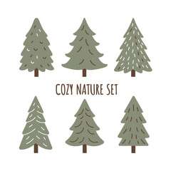 Obraz premium Collection of illustrated woodland trees with varied textures evoking a serene and minimalist