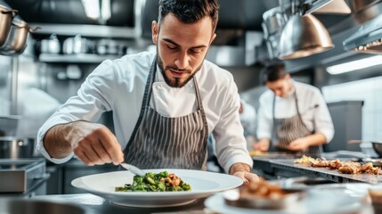 Concentrated chef meticulously plates a vibrant dish in a professional kitchen setting