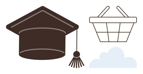Graduation cap floating beside a shopping basket above clouds. Ideal for education, e-commerce, online learning, digital transformation, innovation, cloud computing, skill acquisition. Simple flat