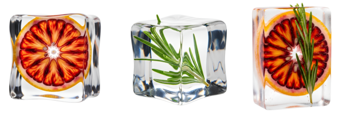 Citrus and Herb Ice Cube Set PNG. Collection of frozen blood orange slices and rosemary sprigs in clear ice blocks. Refreshing cocktail garnish pack for beverage menu design isolated