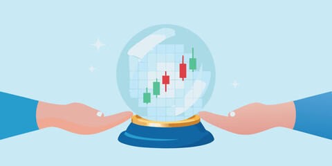Hands holding a crystal ball showing a stock market graph with candlestick chart