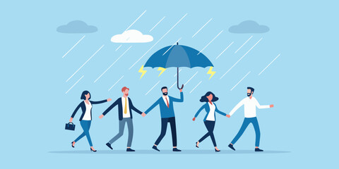 Fototapeta premium Team protected under umbrella during stormy weather and lightning