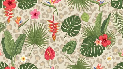 Tropical floral pattern featuring palm leaves, hibiscus flowers, and bird-of-paradise on a textured beige background