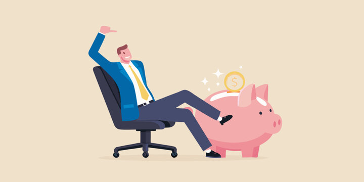 Happy businessman relaxing next to a piggy bank with a coin - Powered by Adobe