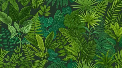 Dense tropical foliage pattern featuring various green leaves and plants on a dark background
