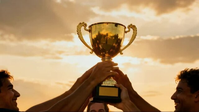 Victory Glow: Hands Toward Triumph. Silhouetted hands reach skyward toward a golden trophy held aloft against a dramatic sunset. The ornate cup gleams with pride, its black base grounding the moment 