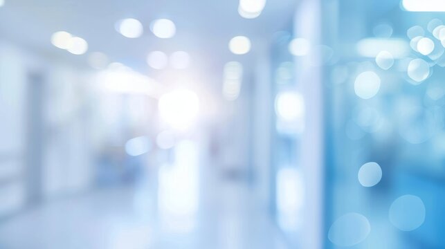 Abstract blurred background of a modern hospital corridor. Defocused blue interior of a medical clinic with bokeh lights. Healthcare and technology concept with copy space