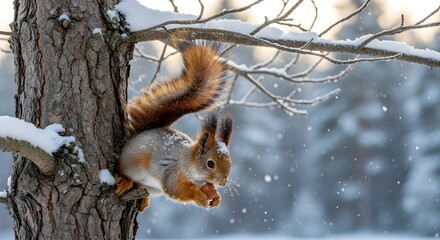 Energetic red squirrel clinging to a snow-dusted pine trunk, fluffy tail arched high as tiny paws clutch a nut, scattered snowflakes sparkling around it, capturing playful agility and fierce winter su