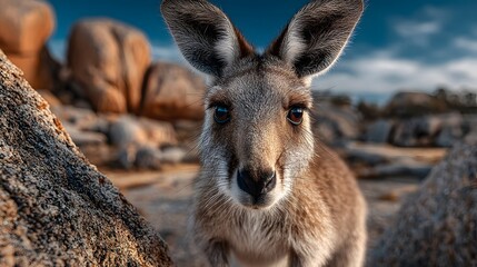 Fototapeta premium Close-up portrait of kangaroo staring at camera in Australian outback landscape with granite boulders and blue sky background and fur detail.