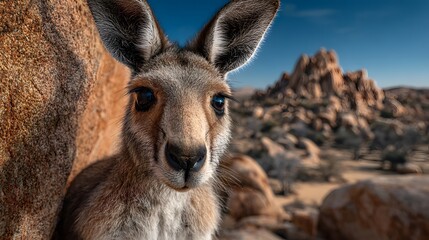 Fototapeta premium Close-up portrait of kangaroo staring at camera in Australian outback landscape with granite boulders and blue sky background and fur detail.