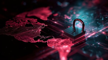 Secured World: A close-up view of a glowing lock overlaid on a digital map, highlighting the importance of data security, internet safety, and global information protection.