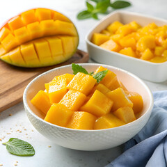 Close up of diced mango in a white bowl with a half mango and mint leaves on a light surface