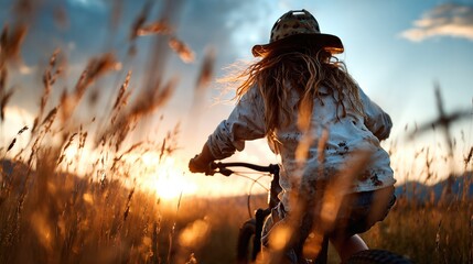 A joyful child rides a bicycle through golden fields during sunset, capturing the essence of carefree childhood adventures and the beauty of nature's fleeting moments.