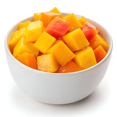 A white bowl filled with diced mango and papaya pieces, showcasing vibrant colors and fresh fruit
