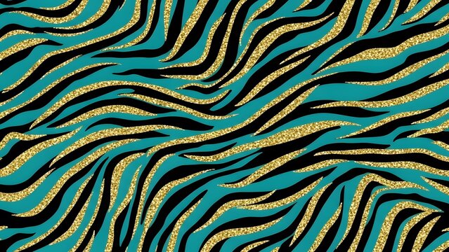 Abstract zebra stripe pattern with teal, black, and gold glitter design