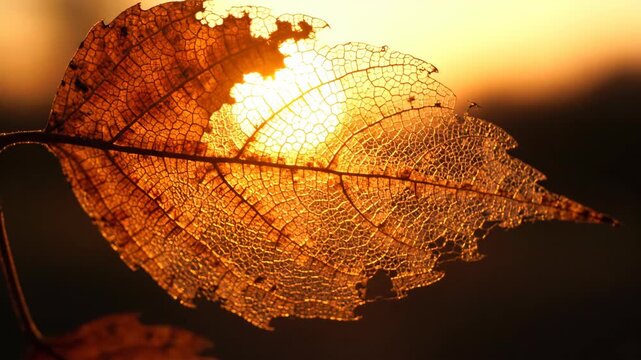 Dry leaf with light shining through during golden hour close-up