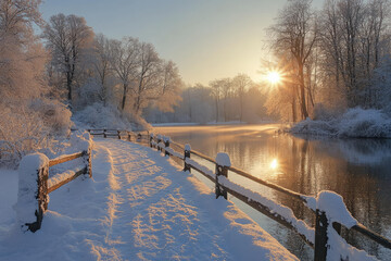 Snow-covered path flanked by wooden fences along river winter scenic landscape serene outdoors peaceful frosty natural forest tranquil atmosphere