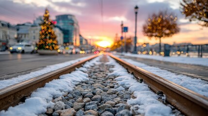 Fototapeta premium A picturesque view of railway tracks surrounded by snow, glimmering under a stunning sunset sky, creating a peaceful and dreamlike atmosphere in an urban landscape.