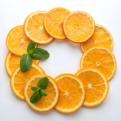 Circular arrangement of orange slices with mint leaves on a plain white background overhead shot