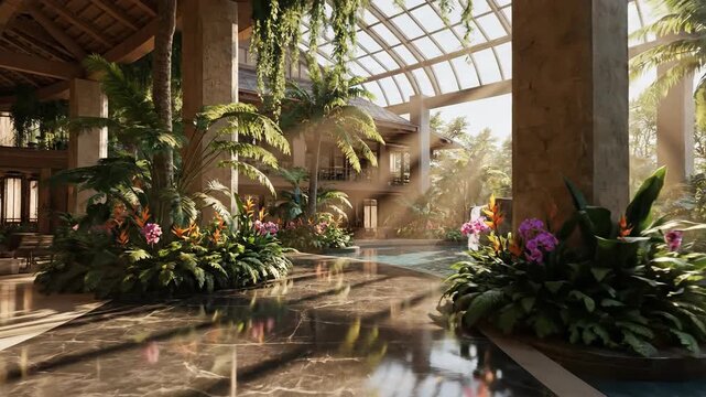 Lush indoor botanical garden serene oasis with natural sunlight
