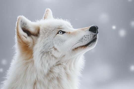 White wolf close-up in snowy forest winter scene frosty natural wildlife animal portrait serene cold outdoor majestic wilderness atmosphere