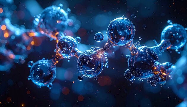 Chain-like molecular structure with glossy translucent atoms and covalent bonds in glowing dark space.